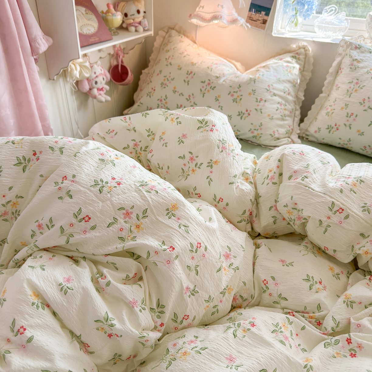 91家纺网 家纺一手货源 找家纺 优卡迪家纺馆 2025新款A类全棉镂空花边皱皱棉双层纱四件套 沁园春