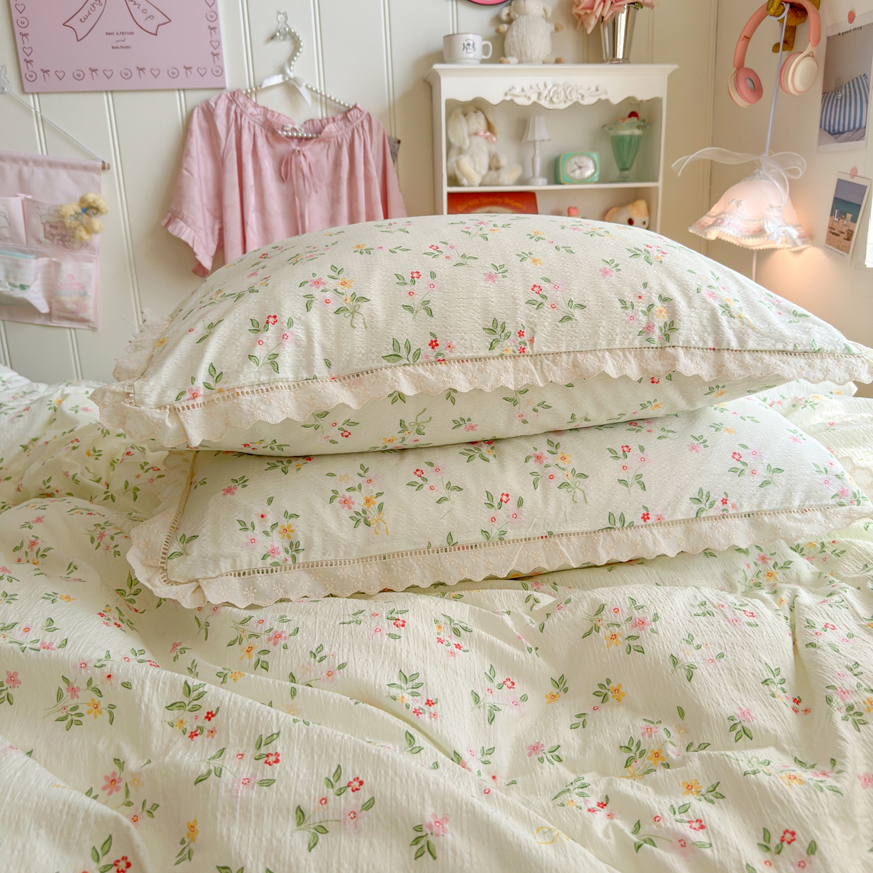 91家纺网 家纺一手货源 找家纺 优卡迪家纺馆 2025新款A类全棉镂空花边皱皱棉双层纱四件套 沁园春