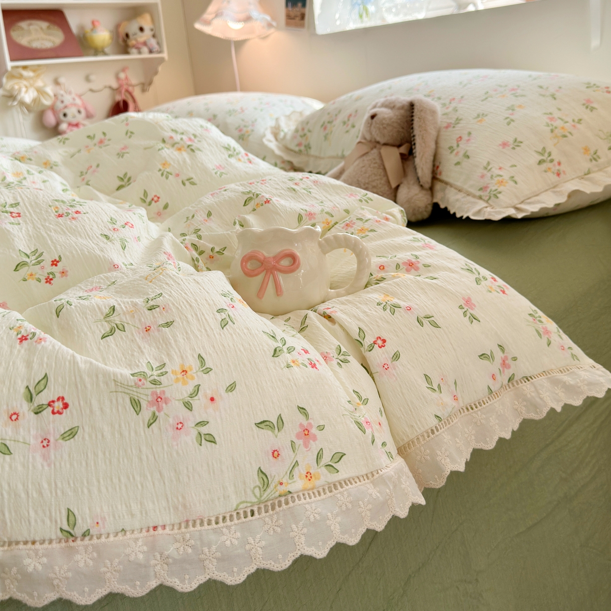 91家纺网 家纺一手货源 找家纺 优卡迪家纺馆 2025新款A类全棉镂空花边皱皱棉双层纱四件套 沁园春