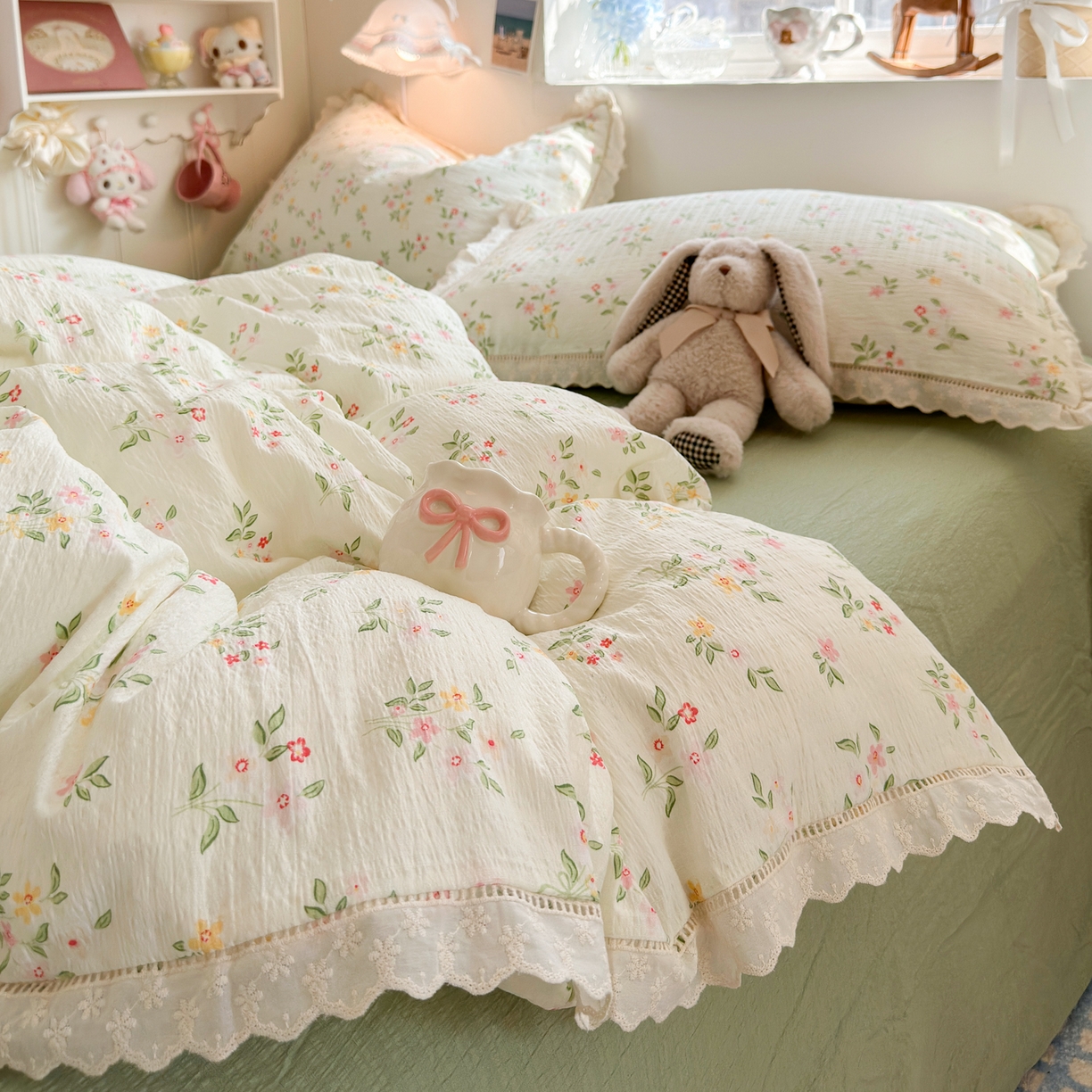 91家纺网 家纺一手货源 找家纺 优卡迪家纺馆 2025新款A类全棉镂空花边皱皱棉双层纱四件套 沁园春