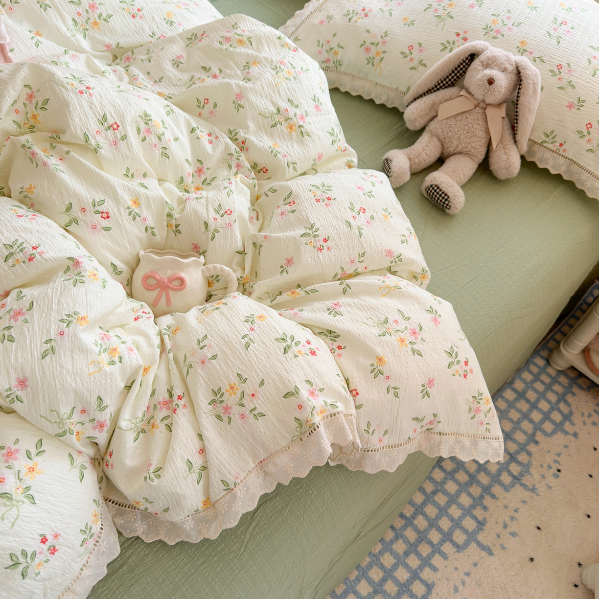 91家纺网 家纺一手货源 找家纺 优卡迪家纺馆 2025新款A类全棉镂空花边皱皱棉双层纱四件套 沁园春