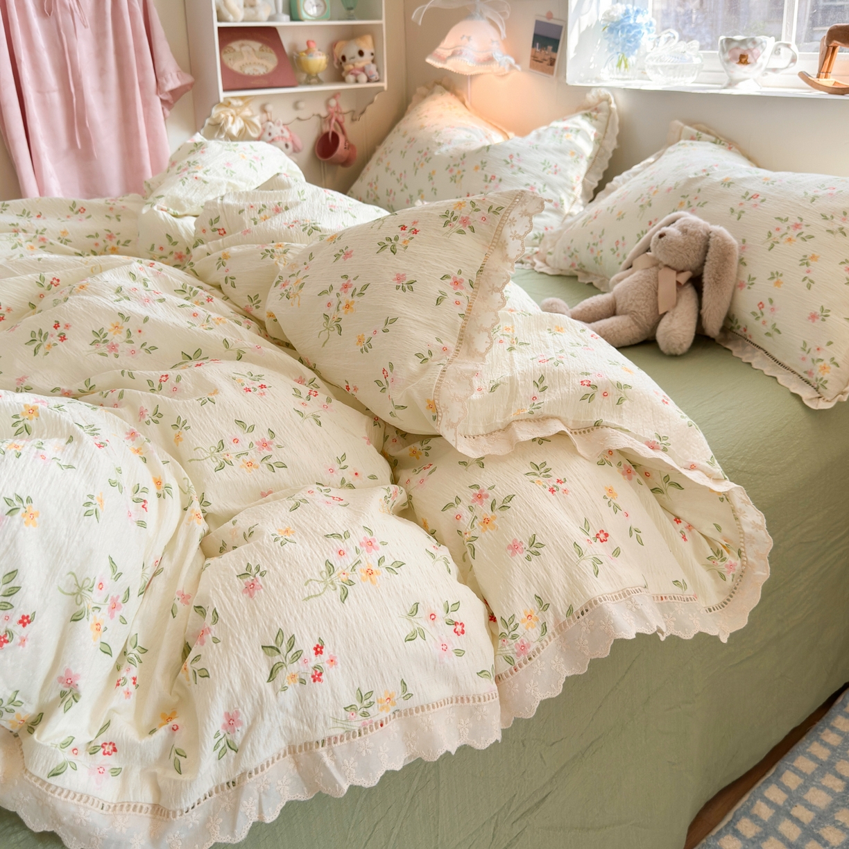 91家纺网 家纺一手货源 找家纺 优卡迪家纺馆 2025新款A类全棉镂空花边皱皱棉双层纱四件套 沁园春