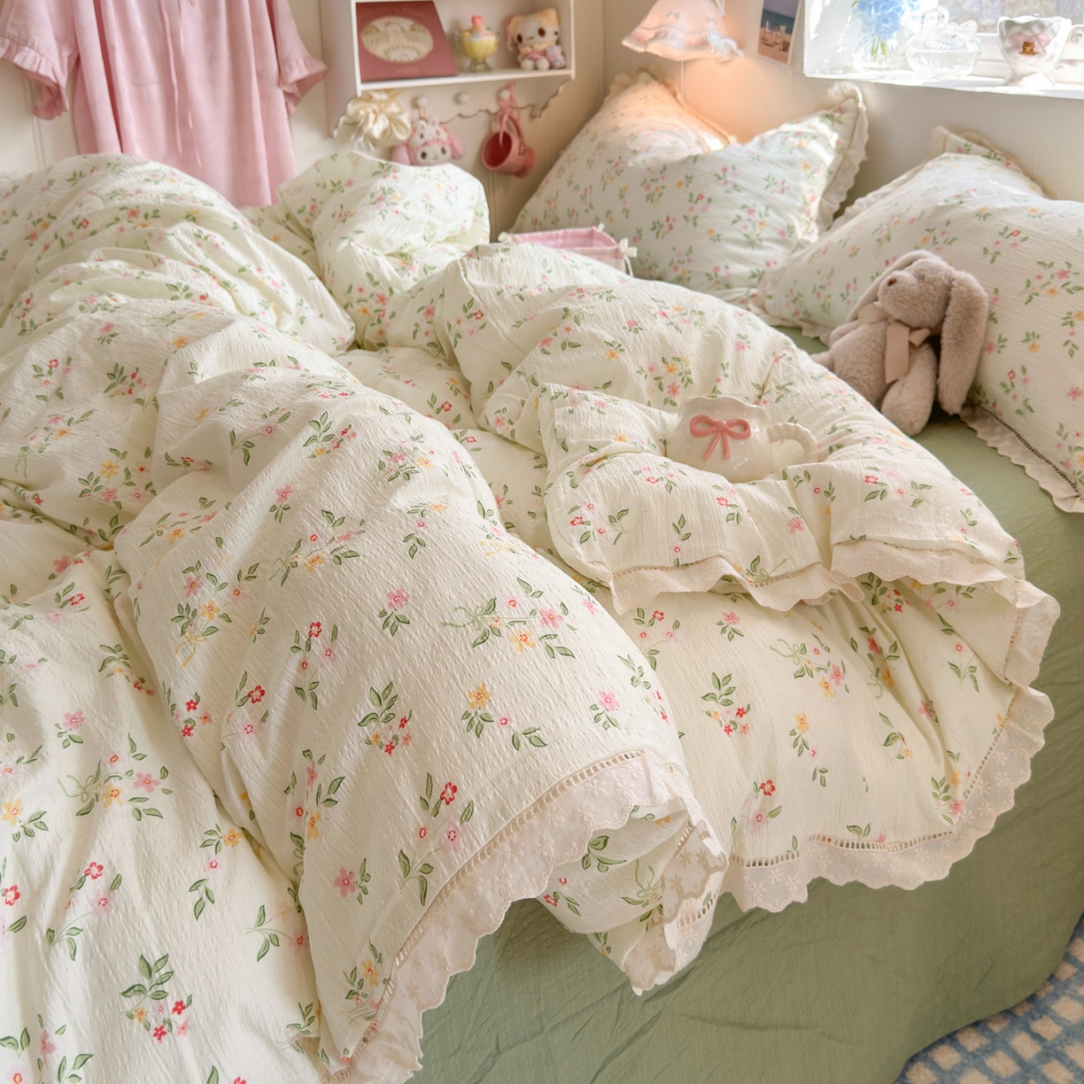 91家纺网 家纺一手货源 找家纺 优卡迪家纺馆 2025新款A类全棉镂空花边皱皱棉双层纱四件套 沁园春