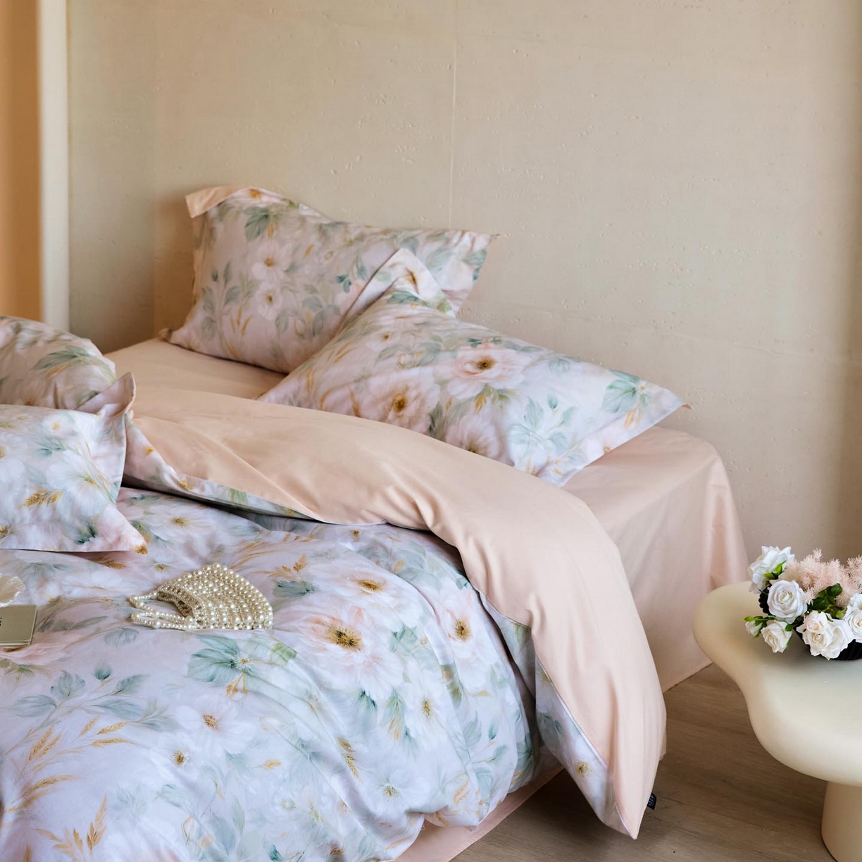 91家纺网 家纺一手货源 找家纺 涵宸家纺 2025新款50S磨毛基础款四件套【更多花型 联系商家电话：17798859966 微信同号，网站：www.hanchenjf.com】 花滤间（绿）