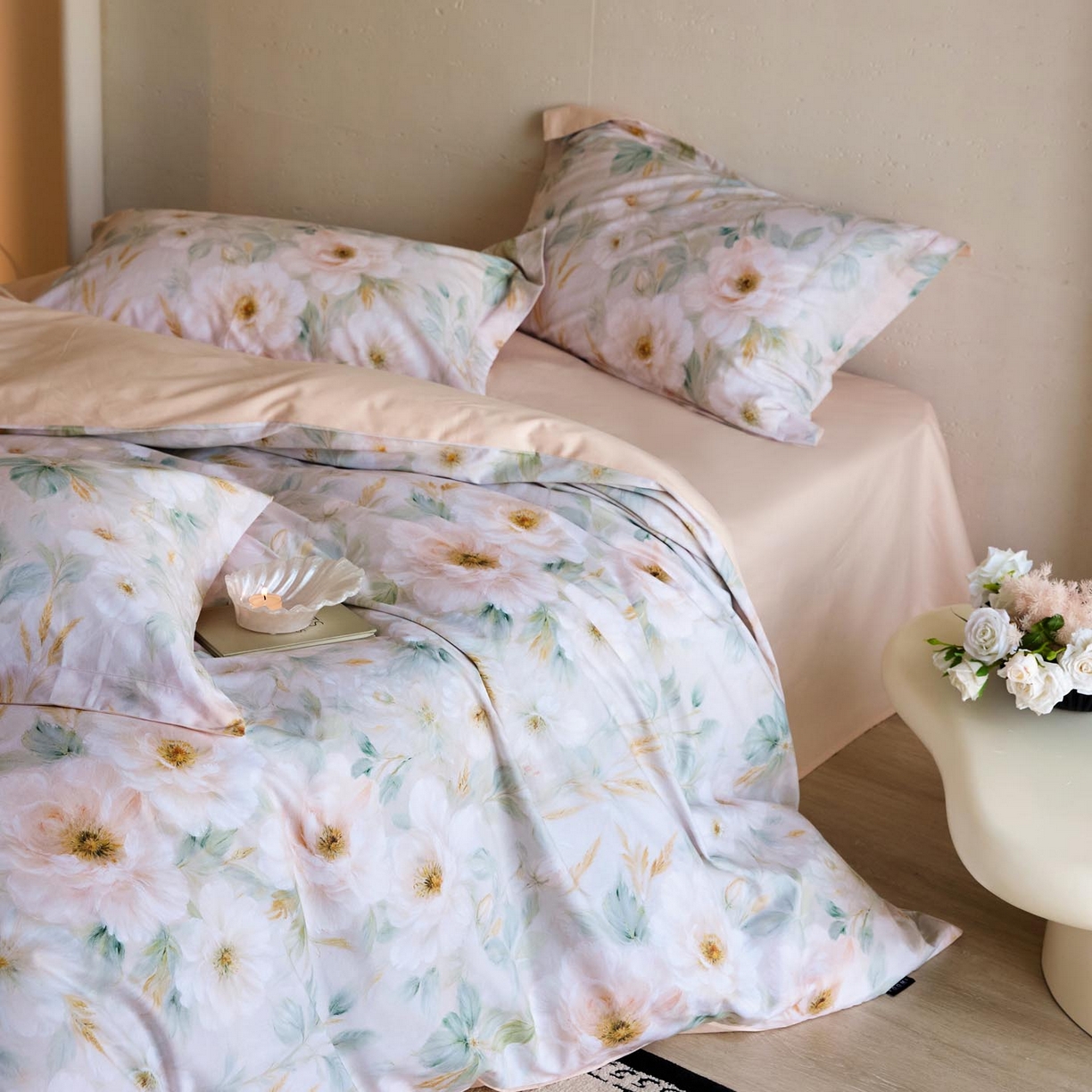 91家纺网 家纺一手货源 找家纺 涵宸家纺 2025新款50S磨毛基础款四件套【更多花型 联系商家电话：17798859966 微信同号，网站：www.hanchenjf.com】 花滤间（绿）