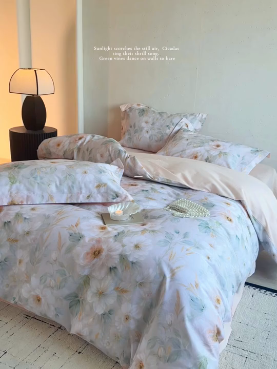 91家纺网 家纺一手货源 找家纺 涵宸家纺 2025新款50S磨毛基础款四件套【更多花型 联系商家电话：17798859966 微信同号，网站：www.hanchenjf.com】 花滤间（绿）