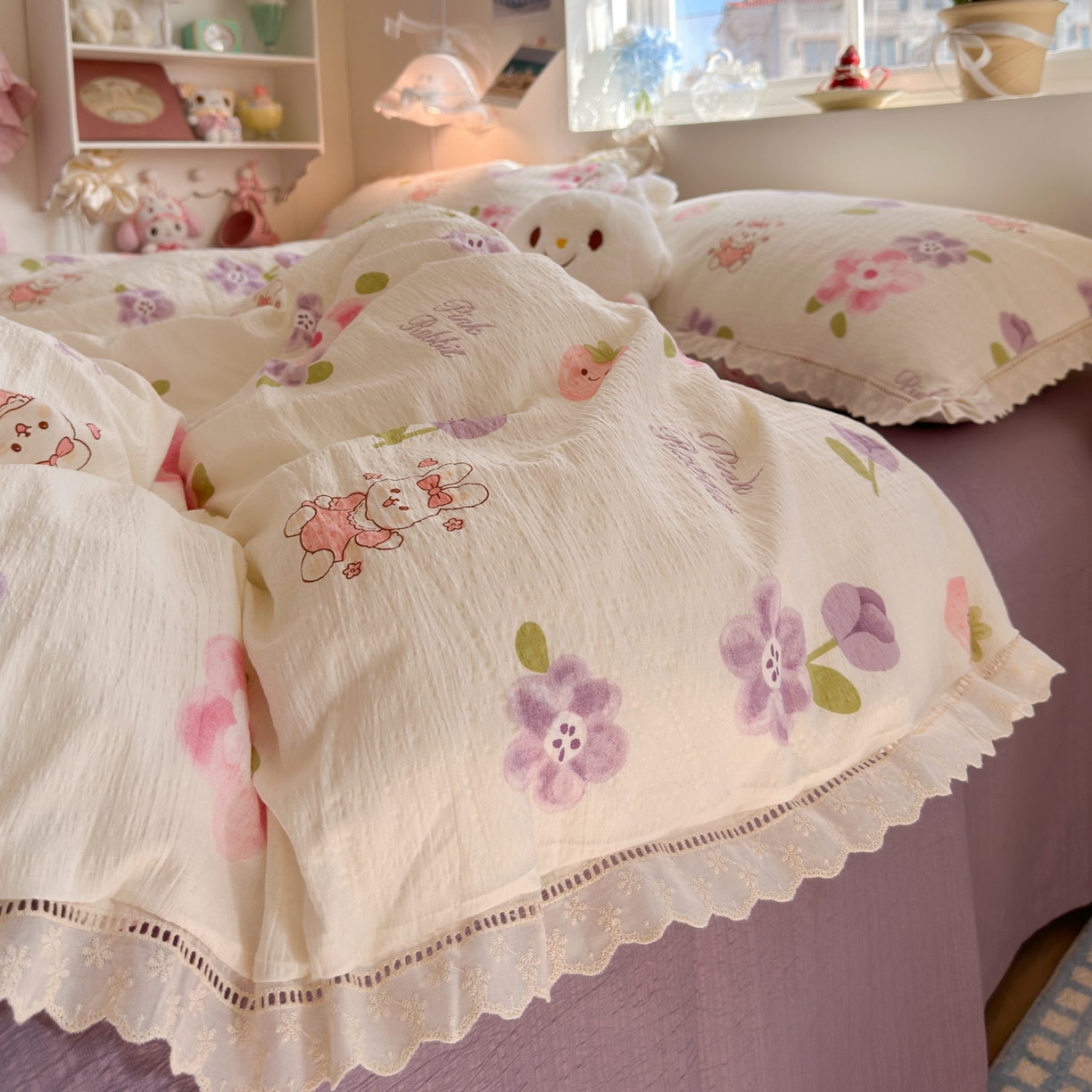 91家纺网 家纺一手货源 找家纺 优卡迪家纺馆 2025新款A类全棉镂空花边皱皱棉双层纱四件套 盛夏