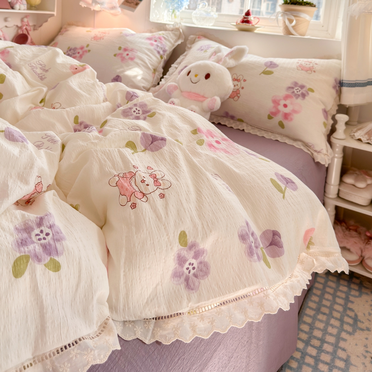 91家纺网 家纺一手货源 找家纺 优卡迪家纺馆 2025新款A类全棉镂空花边皱皱棉双层纱四件套 盛夏