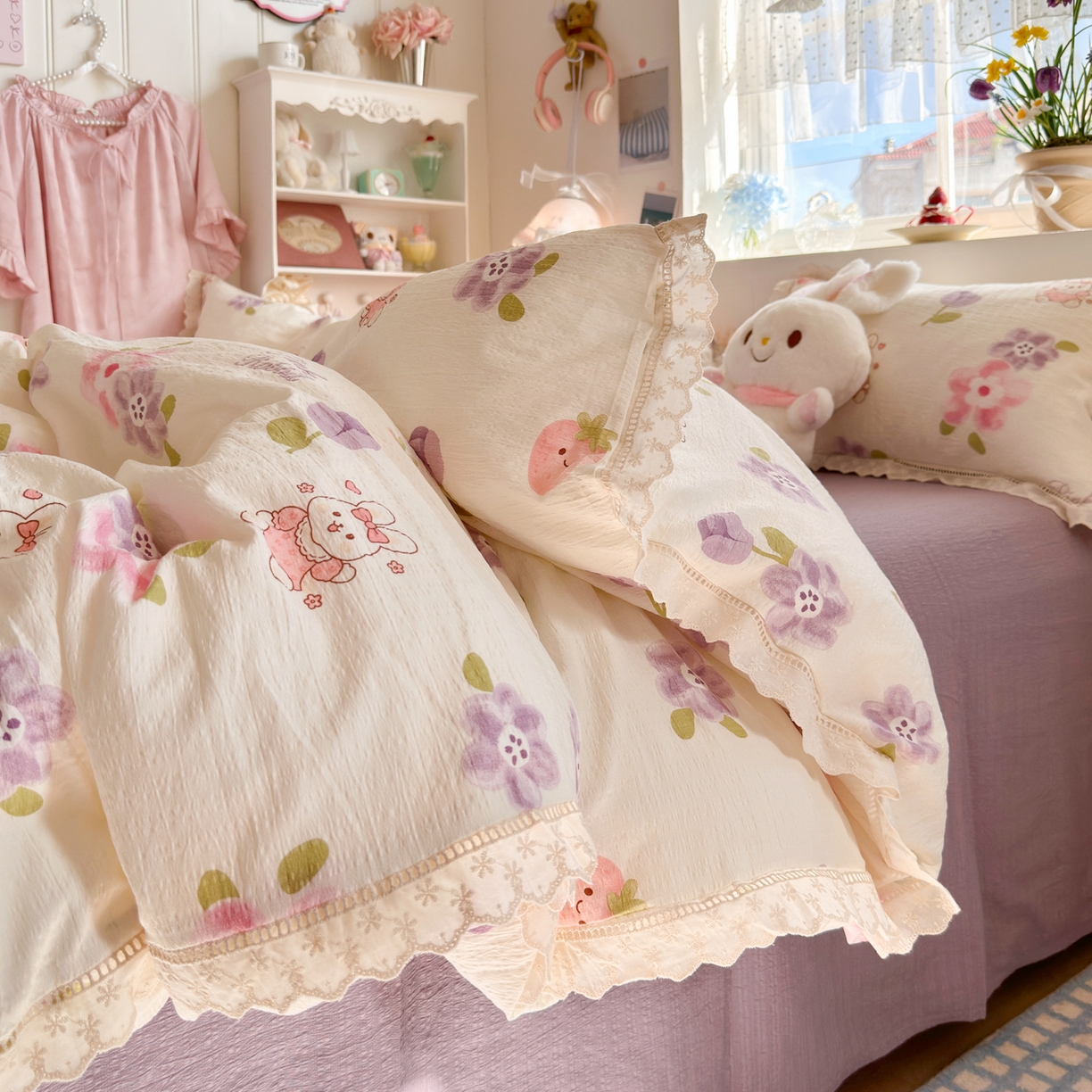 91家纺网 家纺一手货源 找家纺 优卡迪家纺馆 2025新款A类全棉镂空花边皱皱棉双层纱四件套 盛夏