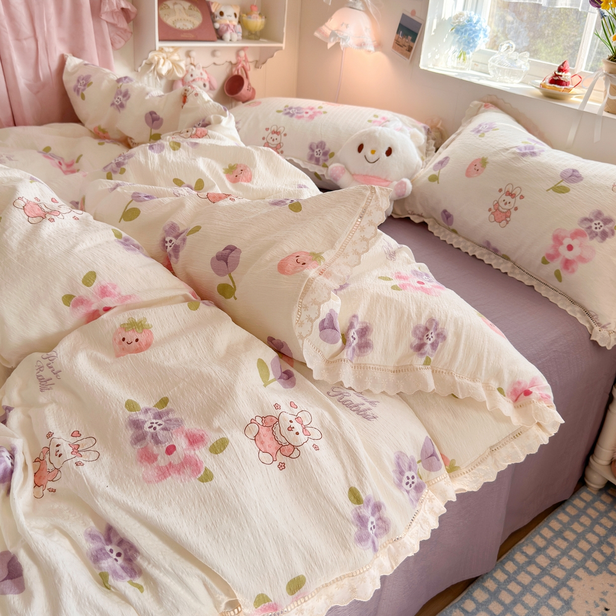 91家纺网 家纺一手货源 找家纺 优卡迪家纺馆 2025新款A类全棉镂空花边皱皱棉双层纱四件套 盛夏