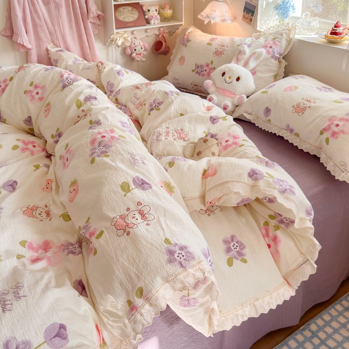 91家纺网 家纺一手货源 找家纺 优卡迪家纺馆 2025新款A类全棉镂空花边皱皱棉双层纱四件套 盛夏