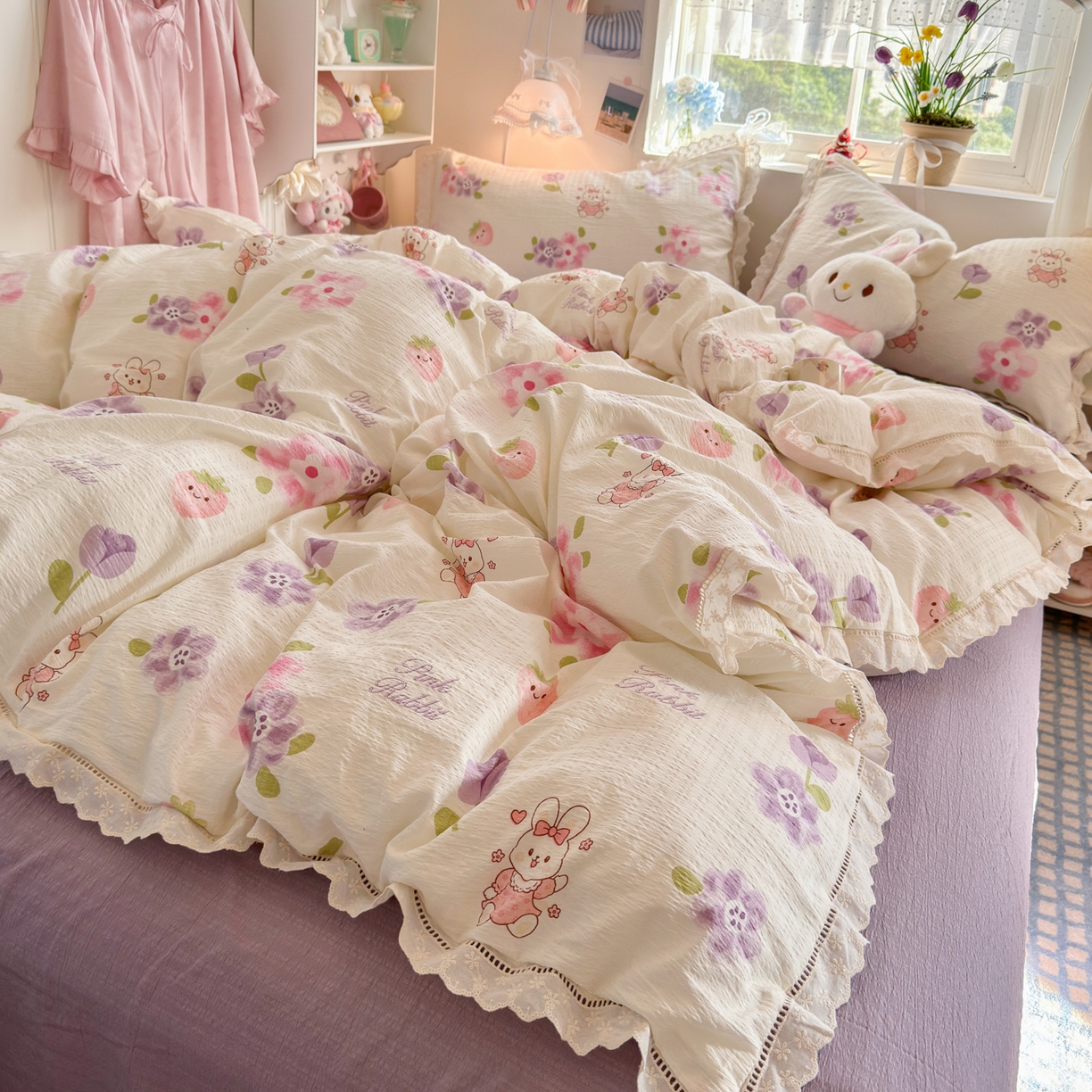 优卡迪家纺馆 2025新款A类全棉镂空花边皱皱棉双层纱四件套 盛夏