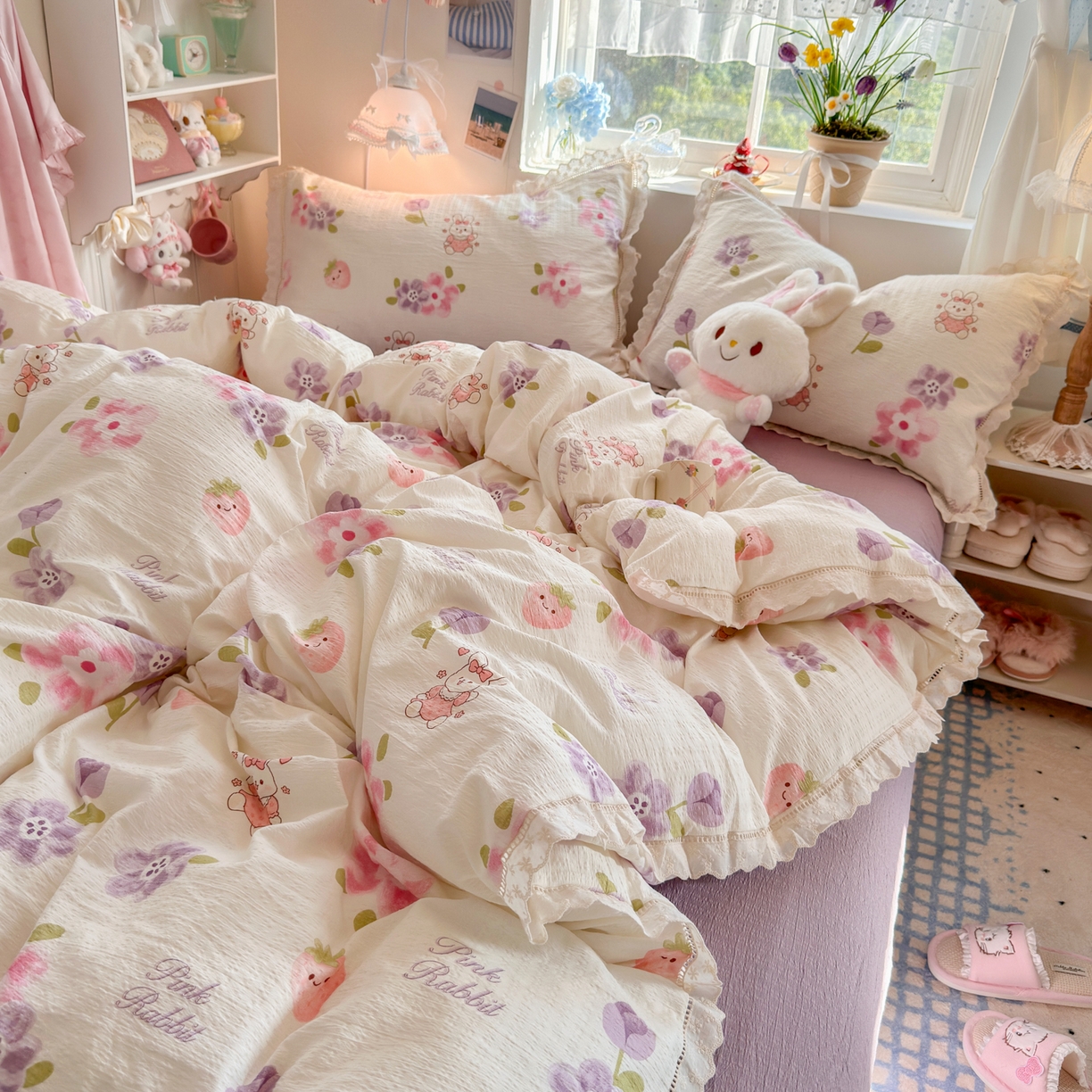 91家纺网 家纺一手货源 找家纺 优卡迪家纺馆 2025新款A类全棉镂空花边皱皱棉双层纱四件套 盛夏