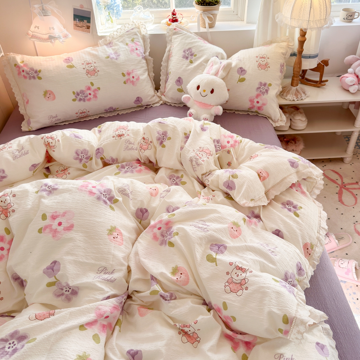 91家纺网 家纺一手货源 找家纺 优卡迪家纺馆 2025新款A类全棉镂空花边皱皱棉双层纱四件套 盛夏