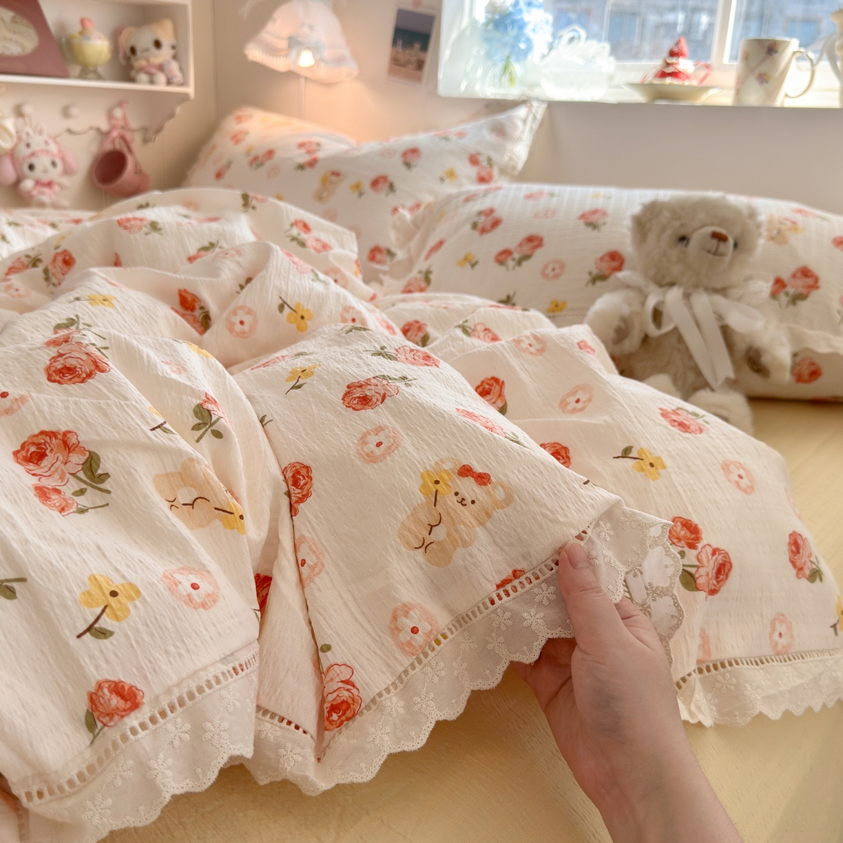 91家纺网 家纺一手货源 找家纺 优卡迪家纺馆 2025新款A类全棉镂空花边皱皱棉双层纱四件套 晚晴