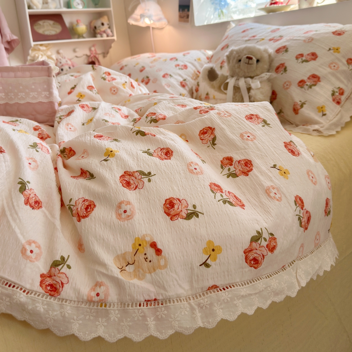 91家纺网 家纺一手货源 找家纺 优卡迪家纺馆 2025新款A类全棉镂空花边皱皱棉双层纱四件套 晚晴