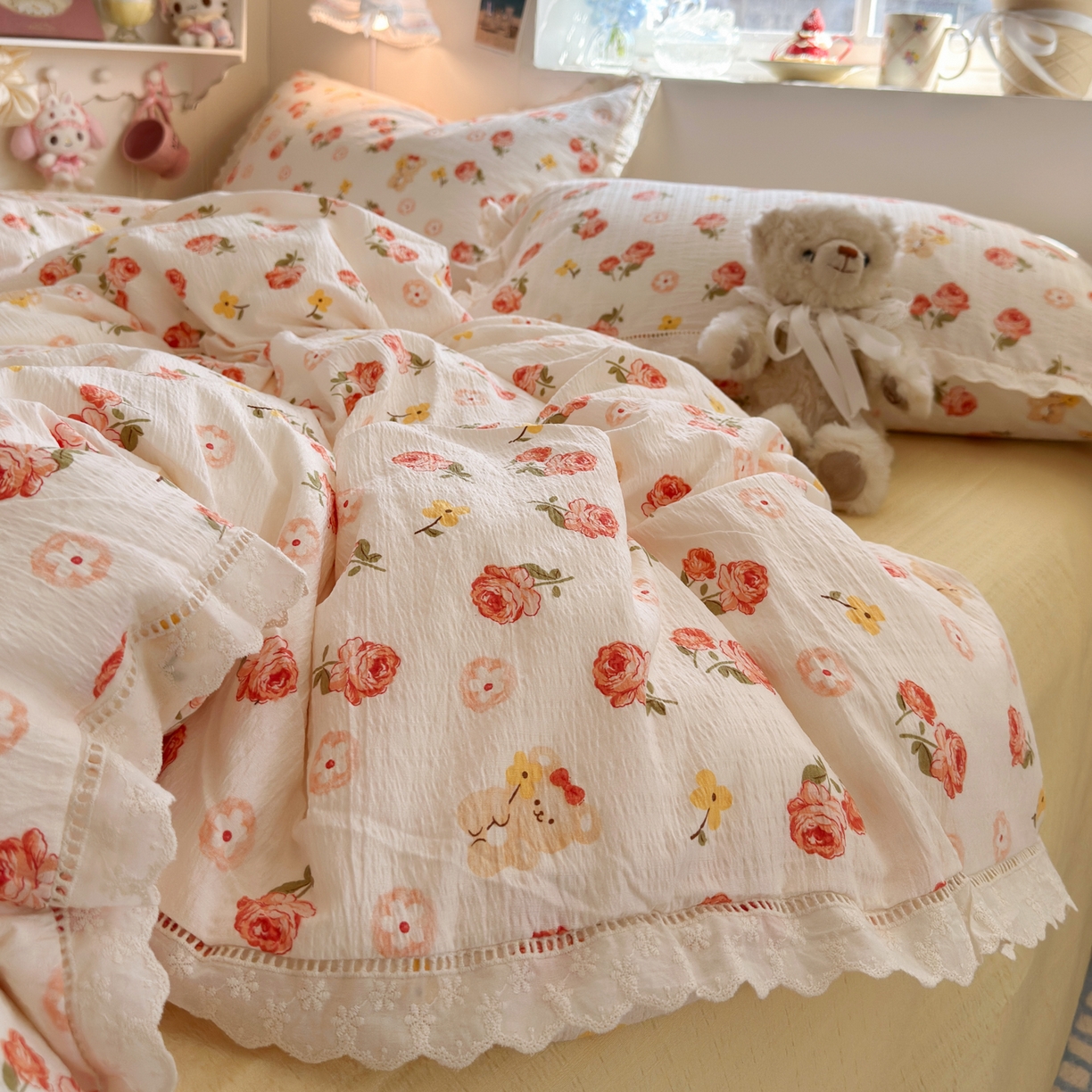 91家纺网 家纺一手货源 找家纺 优卡迪家纺馆 2025新款A类全棉镂空花边皱皱棉双层纱四件套 晚晴