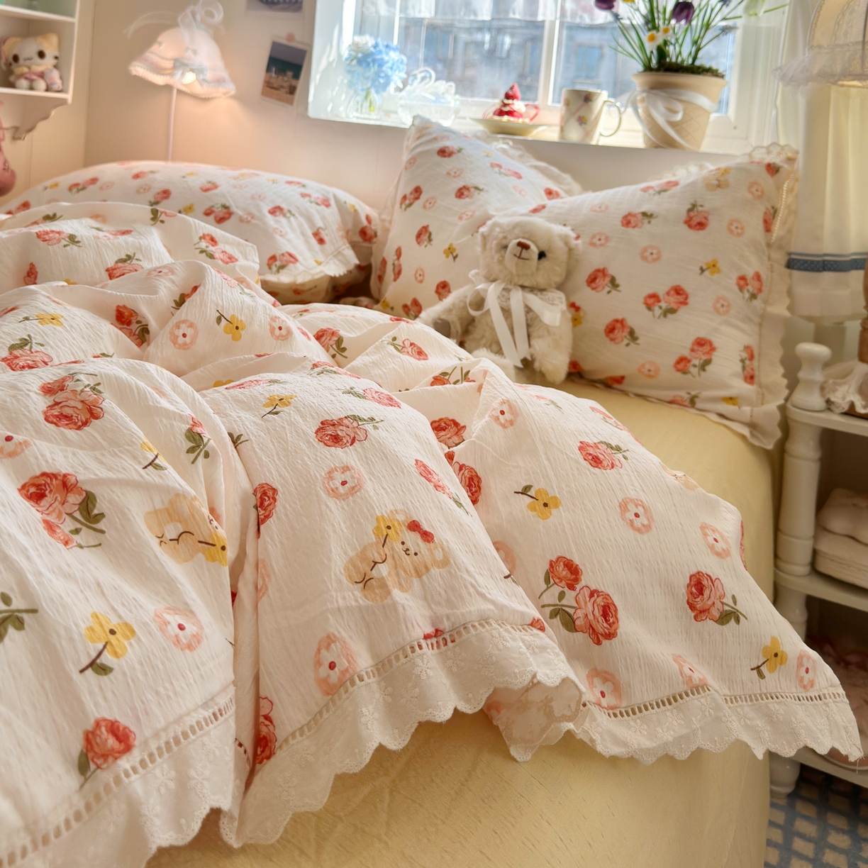 91家纺网 家纺一手货源 找家纺 优卡迪家纺馆 2025新款A类全棉镂空花边皱皱棉双层纱四件套 晚晴