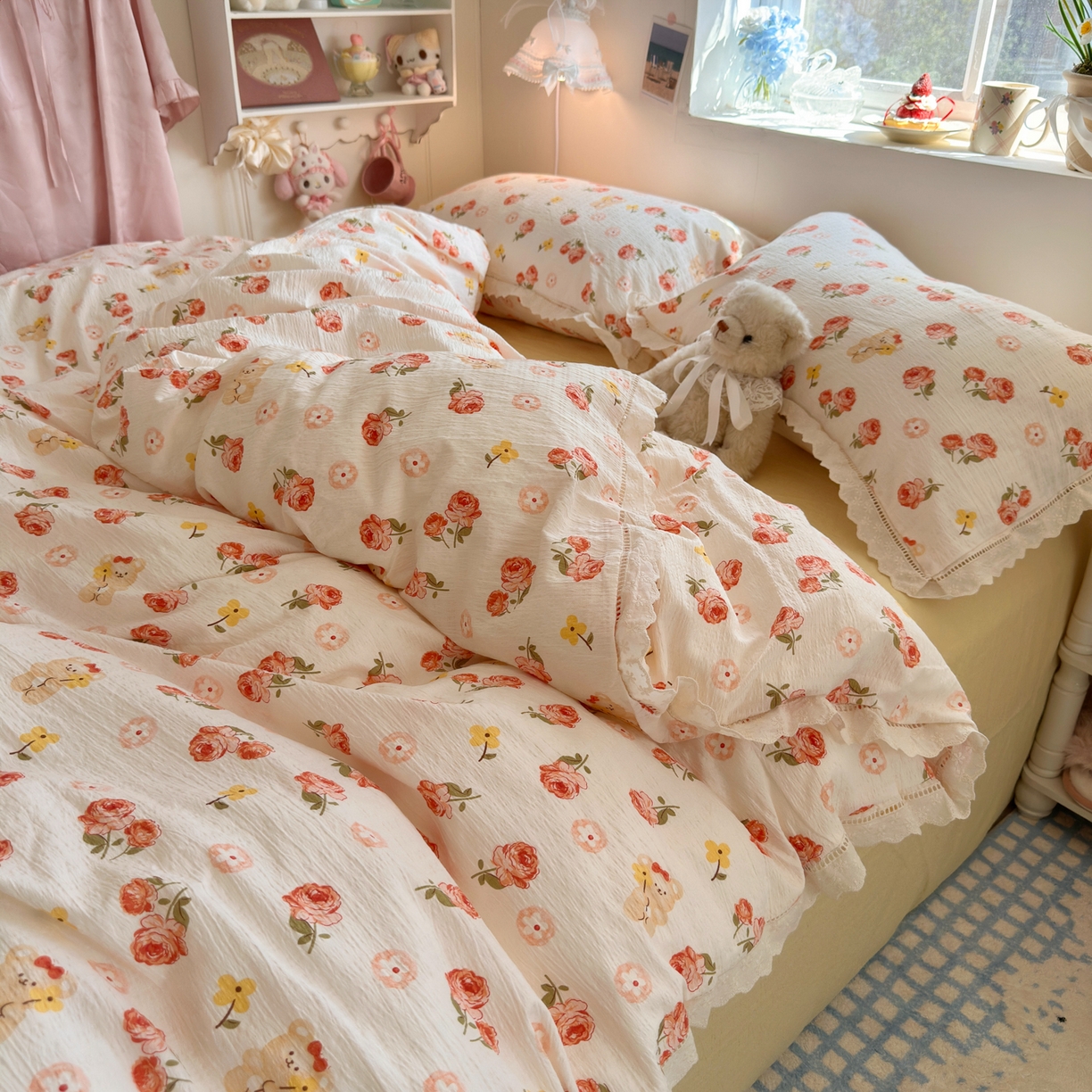 91家纺网 家纺一手货源 找家纺 优卡迪家纺馆 2025新款A类全棉镂空花边皱皱棉双层纱四件套 晚晴