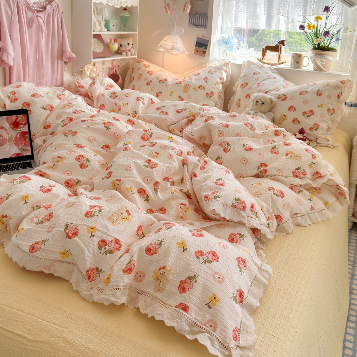 优卡迪家纺馆 2025新款A类全棉镂空花边皱皱棉双层纱四件套 晚晴