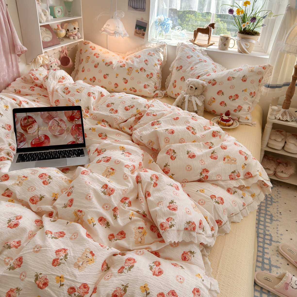 91家纺网 家纺一手货源 找家纺 优卡迪家纺馆 2025新款A类全棉镂空花边皱皱棉双层纱四件套 晚晴