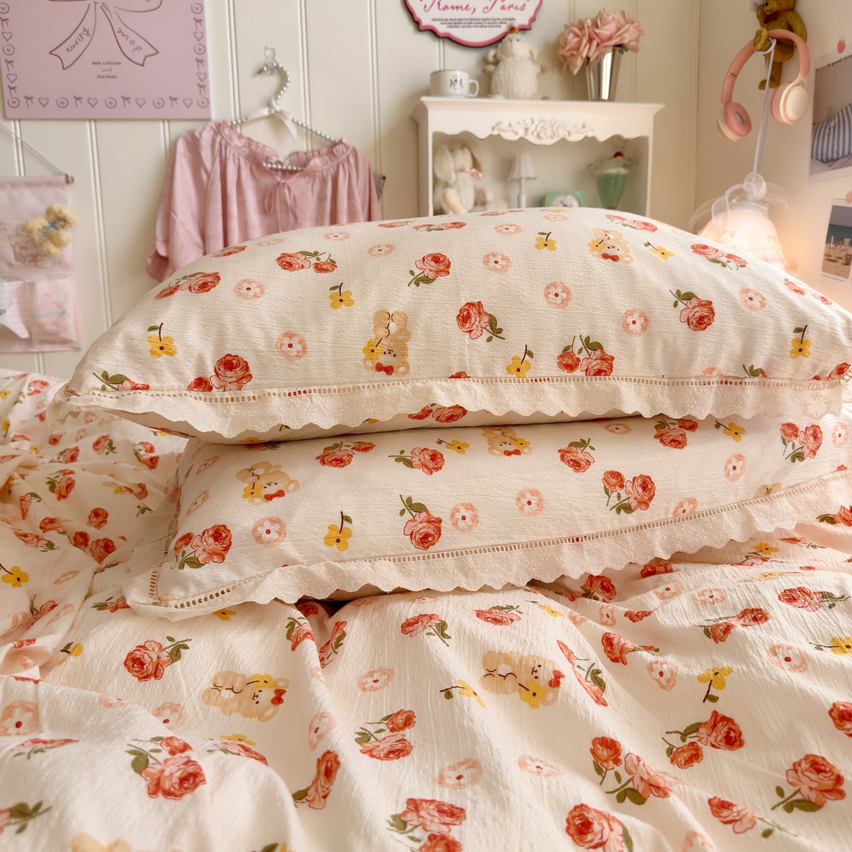 91家纺网 家纺一手货源 找家纺 优卡迪家纺馆 2025新款A类全棉镂空花边皱皱棉双层纱四件套 晚晴