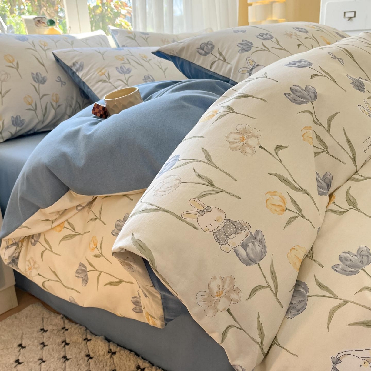 91家纺网 家纺一手货源 找家纺 涵宸家纺 2025新款原棉加厚磨毛印花四件套 萌兔奇遇