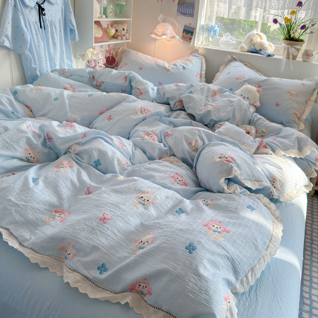 优卡迪家纺馆 2025新款A类全棉镂空花边皱皱棉双层纱四件套 小精灵