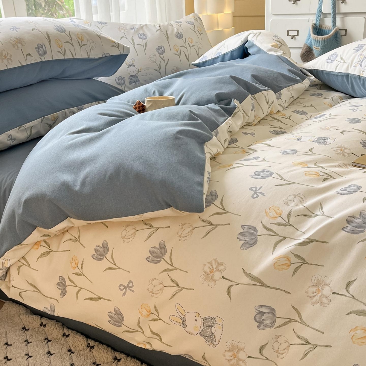 91家纺网 家纺一手货源 找家纺 涵宸家纺 2025新款原棉加厚磨毛印花四件套 萌兔奇遇