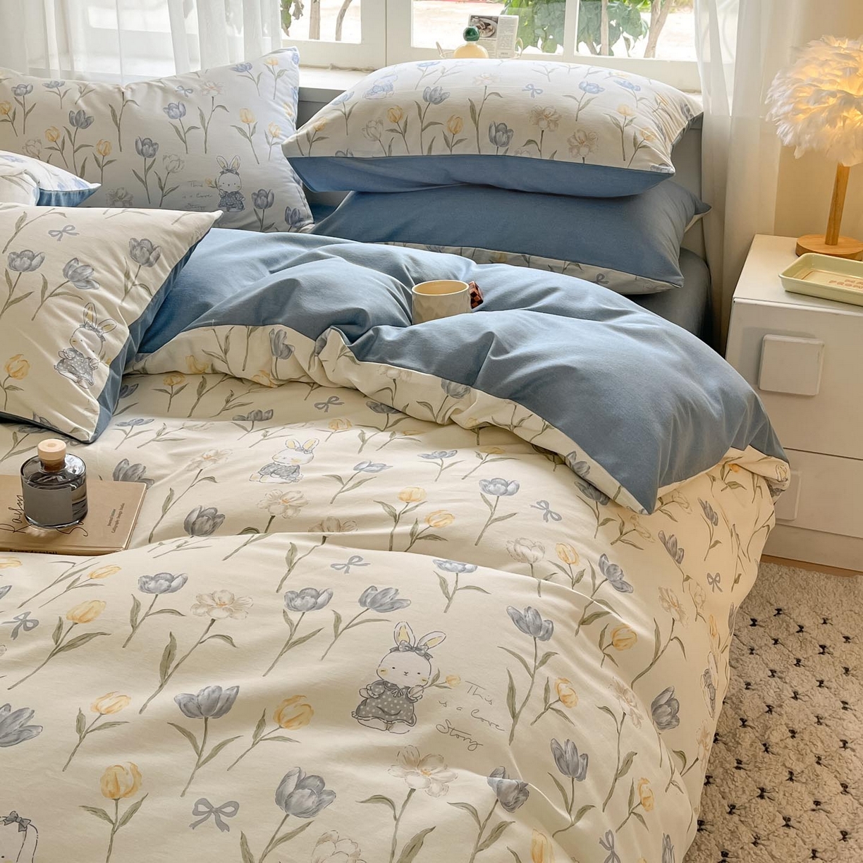 91家纺网 家纺一手货源 找家纺 涵宸家纺 2025新款原棉加厚磨毛印花四件套 萌兔奇遇