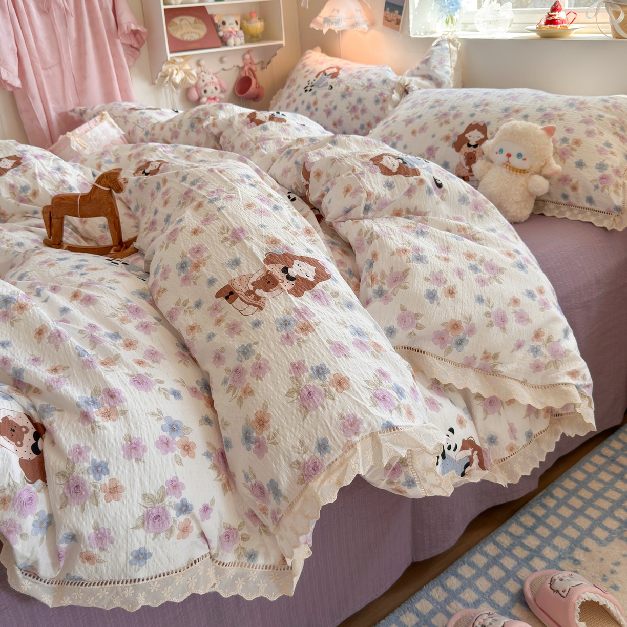 91家纺网 家纺一手货源 找家纺 优卡迪家纺馆 2025新款A类全棉镂空花边皱皱棉双层纱四件套 长相思