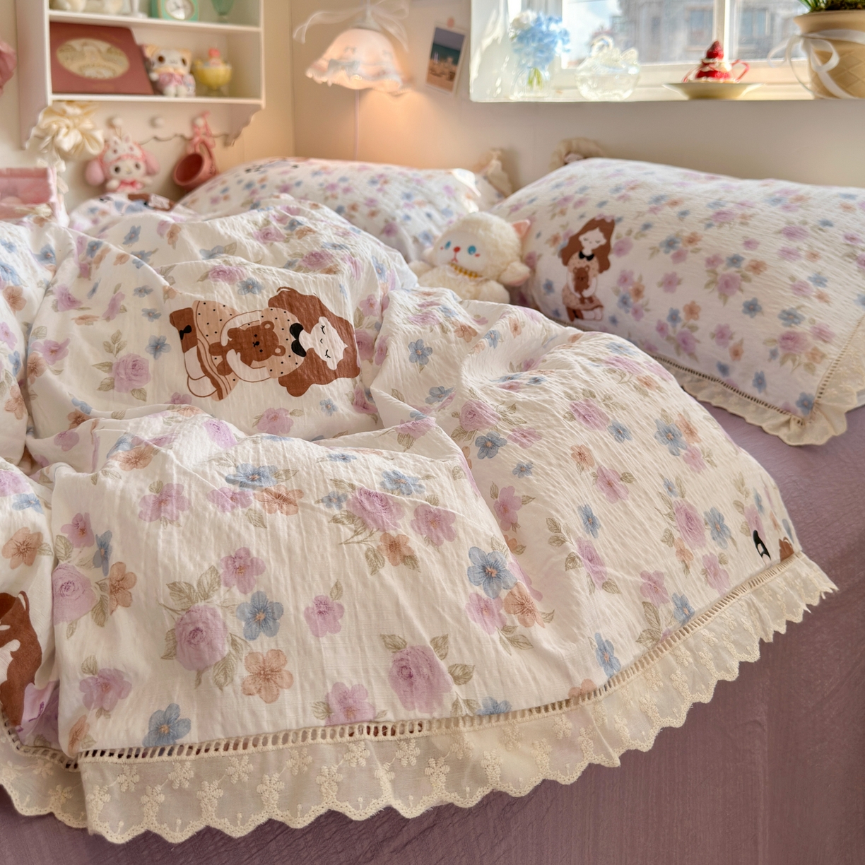 91家纺网 家纺一手货源 找家纺 优卡迪家纺馆 2025新款A类全棉镂空花边皱皱棉双层纱四件套 长相思