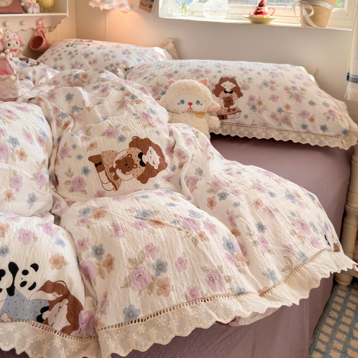 91家纺网 家纺一手货源 找家纺 优卡迪家纺馆 2025新款A类全棉镂空花边皱皱棉双层纱四件套 长相思