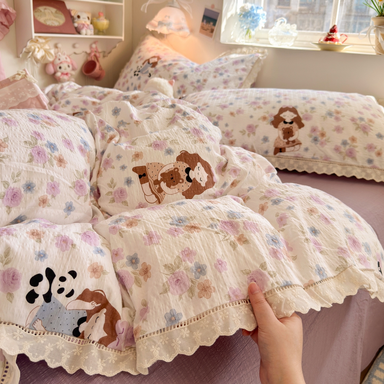 91家纺网 家纺一手货源 找家纺 优卡迪家纺馆 2025新款A类全棉镂空花边皱皱棉双层纱四件套 长相思