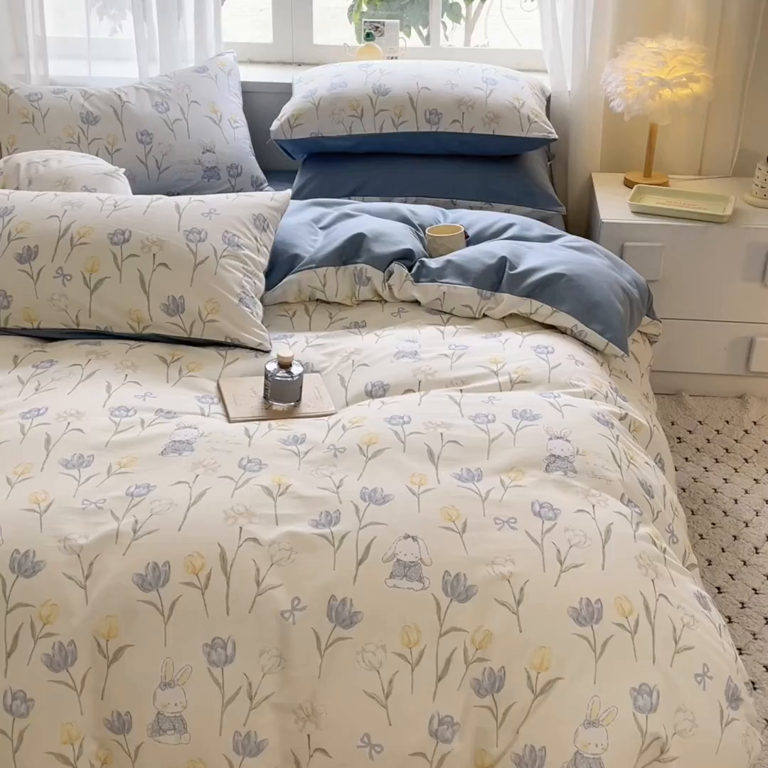 91家纺网 家纺一手货源 找家纺 涵宸家纺 2025新款原棉加厚磨毛印花四件套 萌兔奇遇