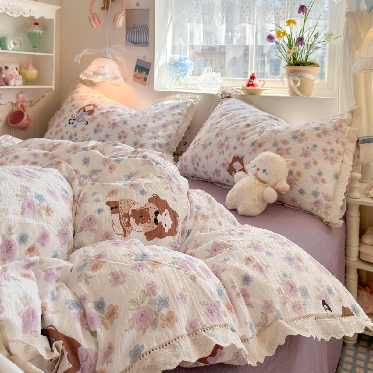 91家纺网 家纺一手货源 找家纺 优卡迪家纺馆 2025新款A类全棉镂空花边皱皱棉双层纱四件套 长相思