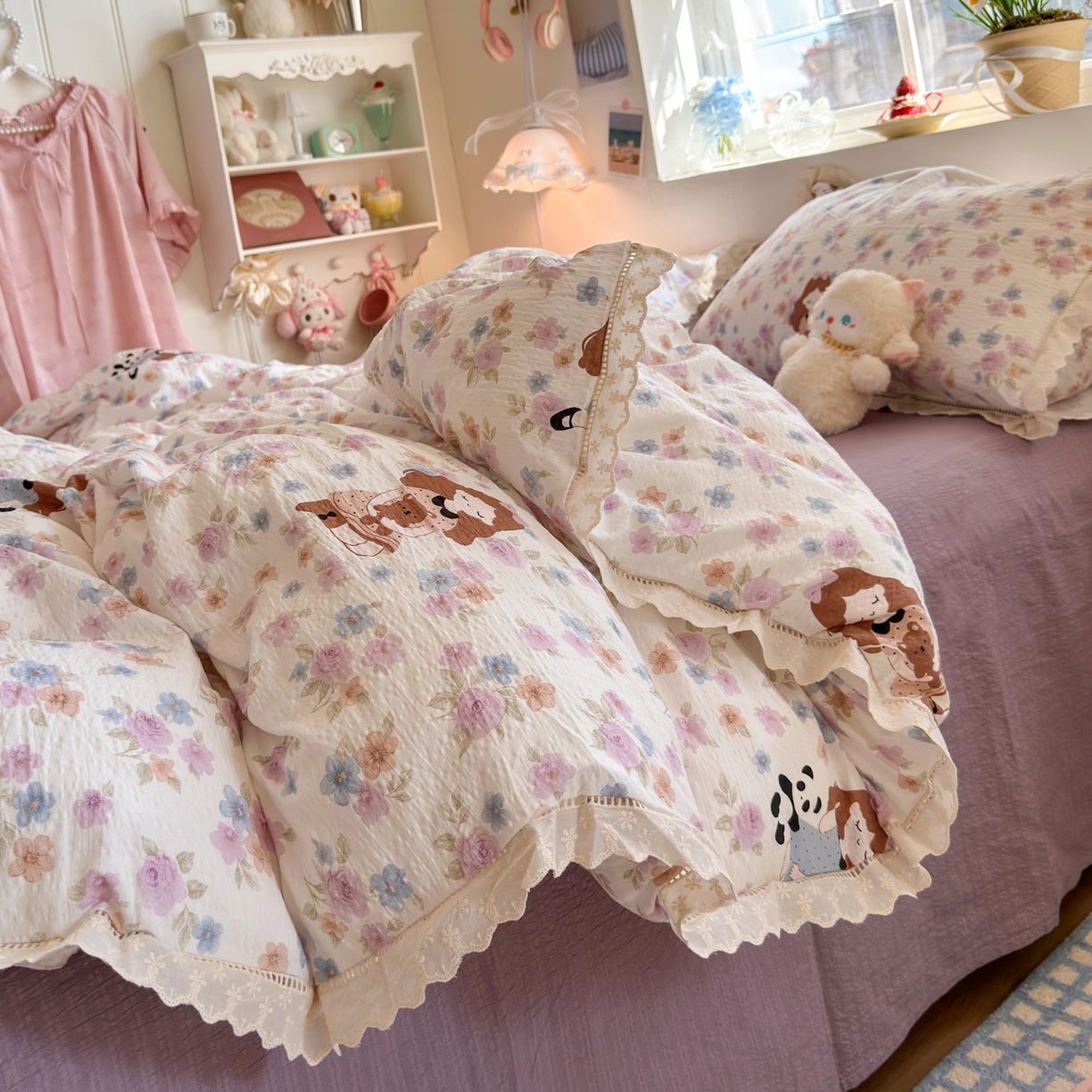 91家纺网 家纺一手货源 找家纺 优卡迪家纺馆 2025新款A类全棉镂空花边皱皱棉双层纱四件套 长相思