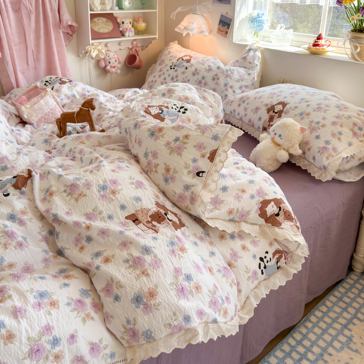 91家纺网 家纺一手货源 找家纺 优卡迪家纺馆 2025新款A类全棉镂空花边皱皱棉双层纱四件套 长相思