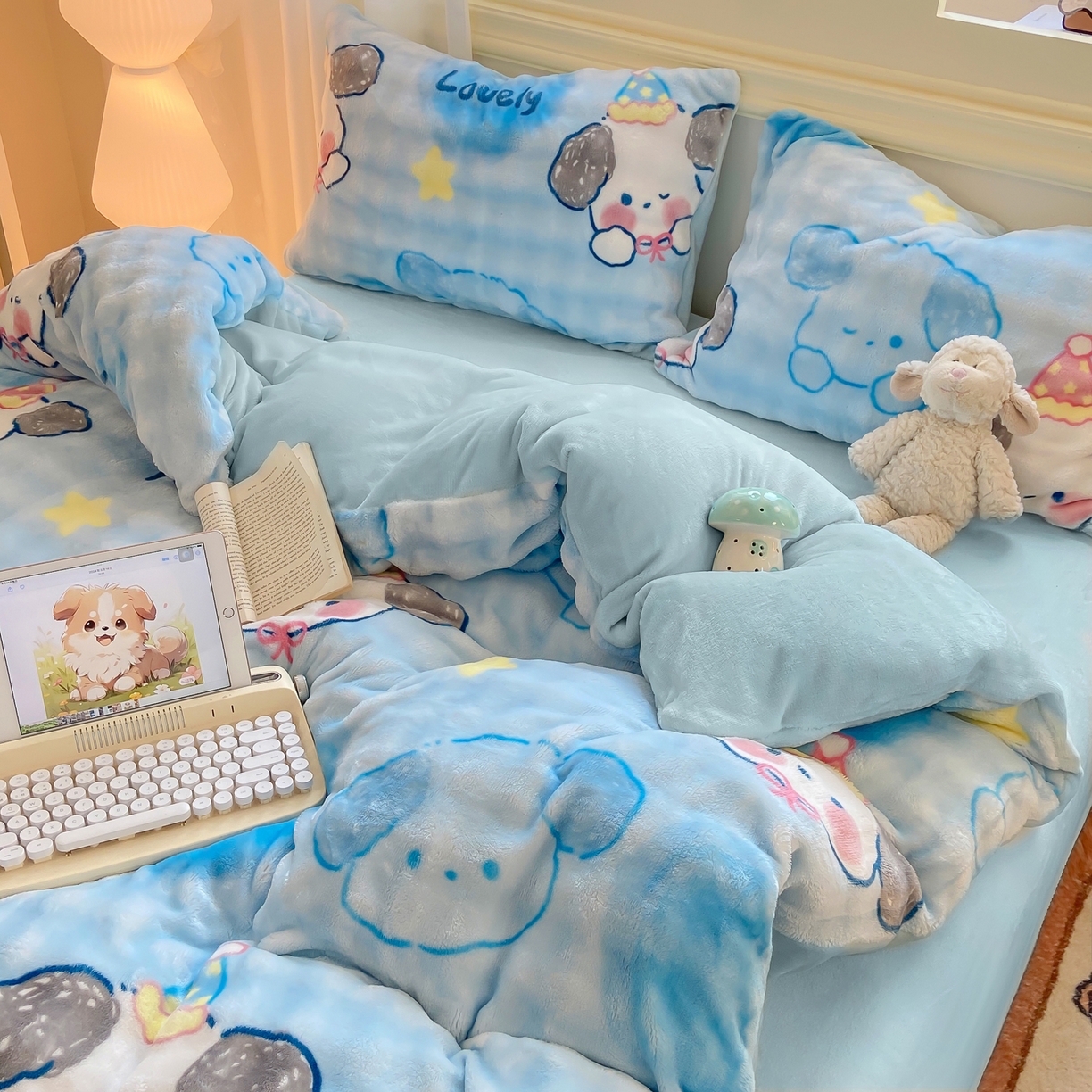 91家纺网 家纺一手货源 找家纺 耐思家纺 2025新款泡泡牛奶绒印花单被套单品被套被套单件 泡泡-蓝心萌宠