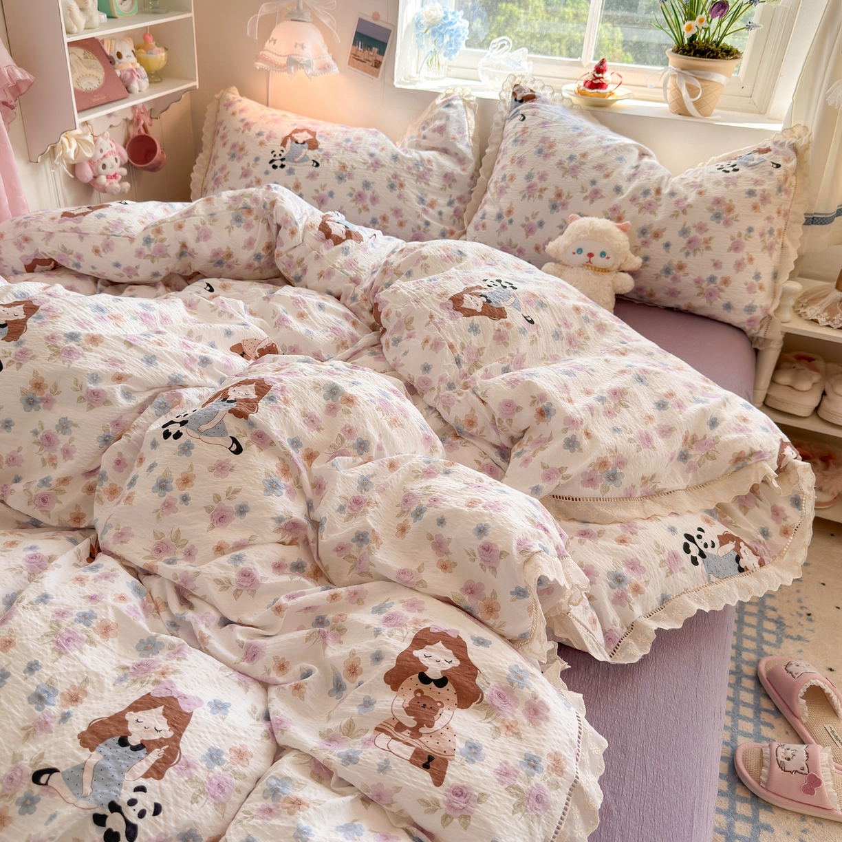 91家纺网 家纺一手货源 找家纺 优卡迪家纺馆 2025新款A类全棉镂空花边皱皱棉双层纱四件套 长相思