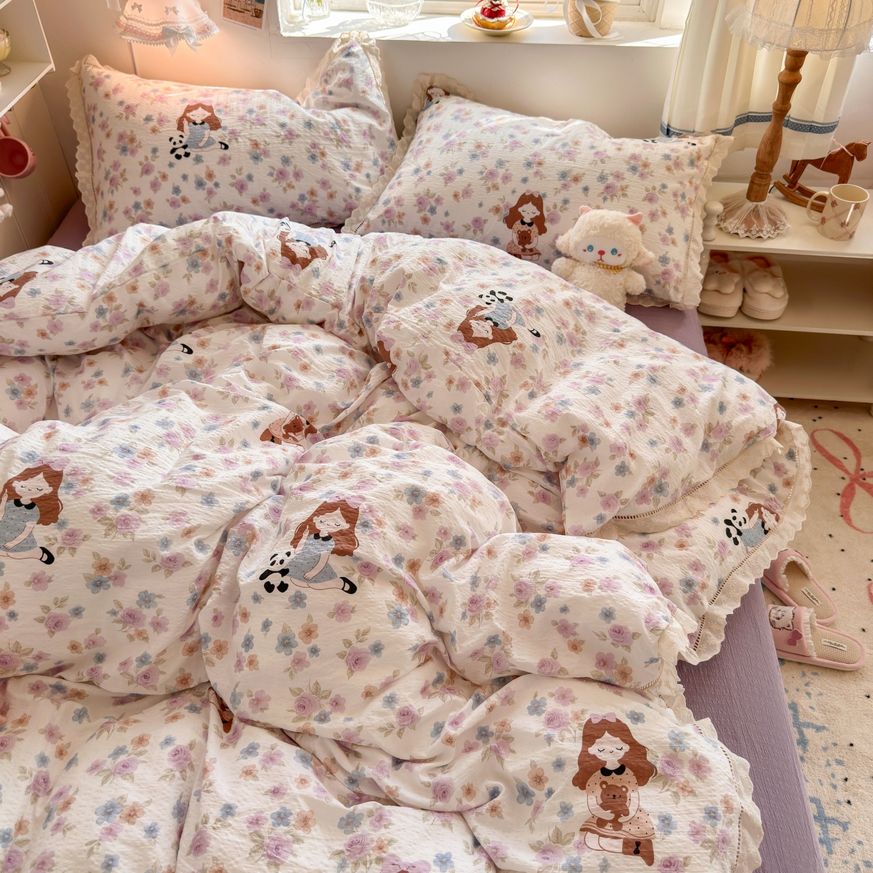 91家纺网 家纺一手货源 找家纺 优卡迪家纺馆 2025新款A类全棉镂空花边皱皱棉双层纱四件套 长相思