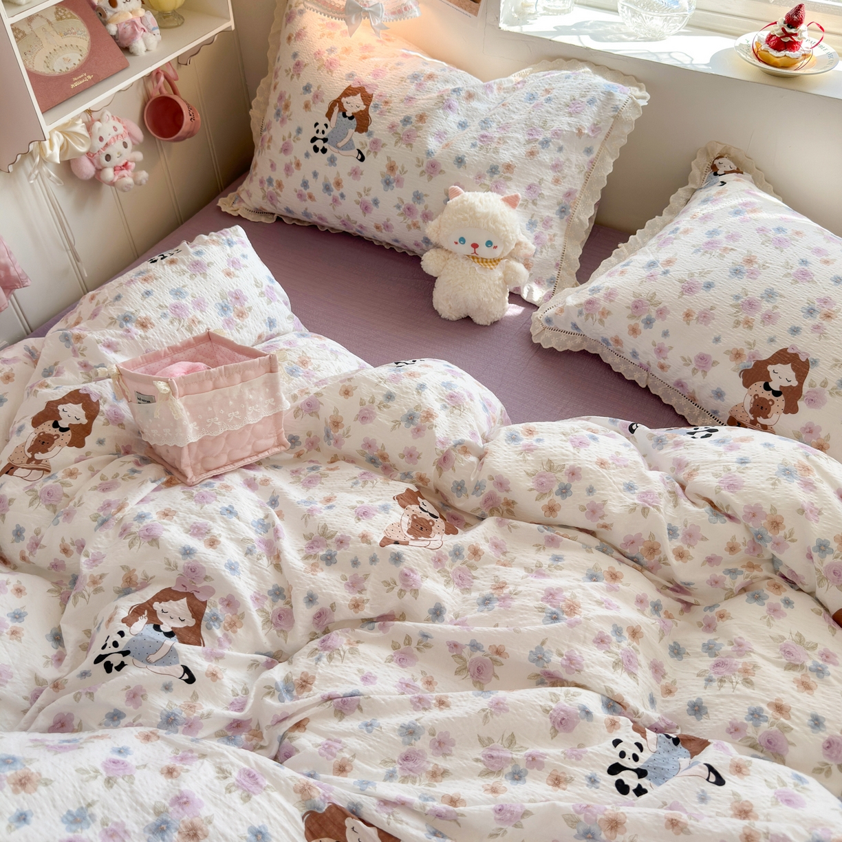 91家纺网 家纺一手货源 找家纺 优卡迪家纺馆 2025新款A类全棉镂空花边皱皱棉双层纱四件套 长相思