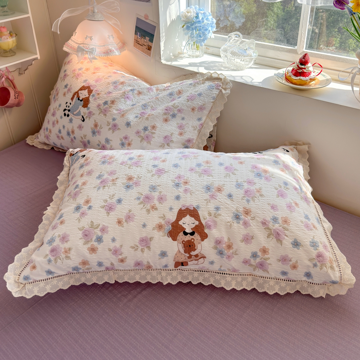 91家纺网 家纺一手货源 找家纺 优卡迪家纺馆 2025新款A类全棉镂空花边皱皱棉双层纱四件套 长相思