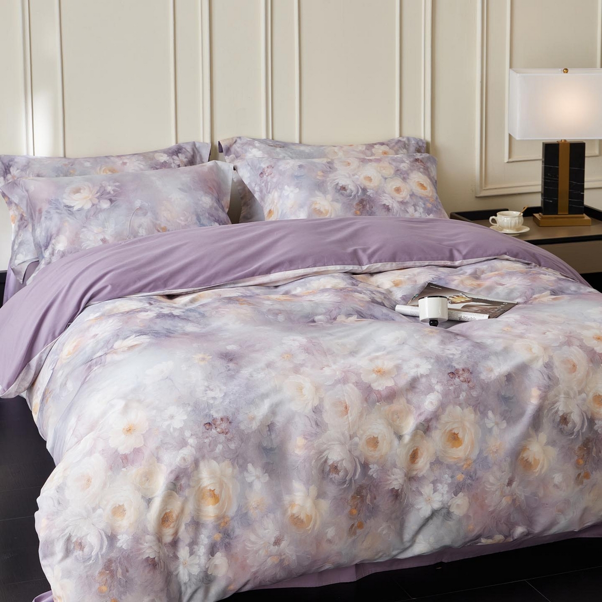 91家纺网 家纺一手货源 找家纺 涵宸家纺 2025新款50S磨毛基础款四件套【更多花型 联系商家电话：17798859966 微信同号，网站：www.hanchenjf.com】 蔷薇晨露（紫）