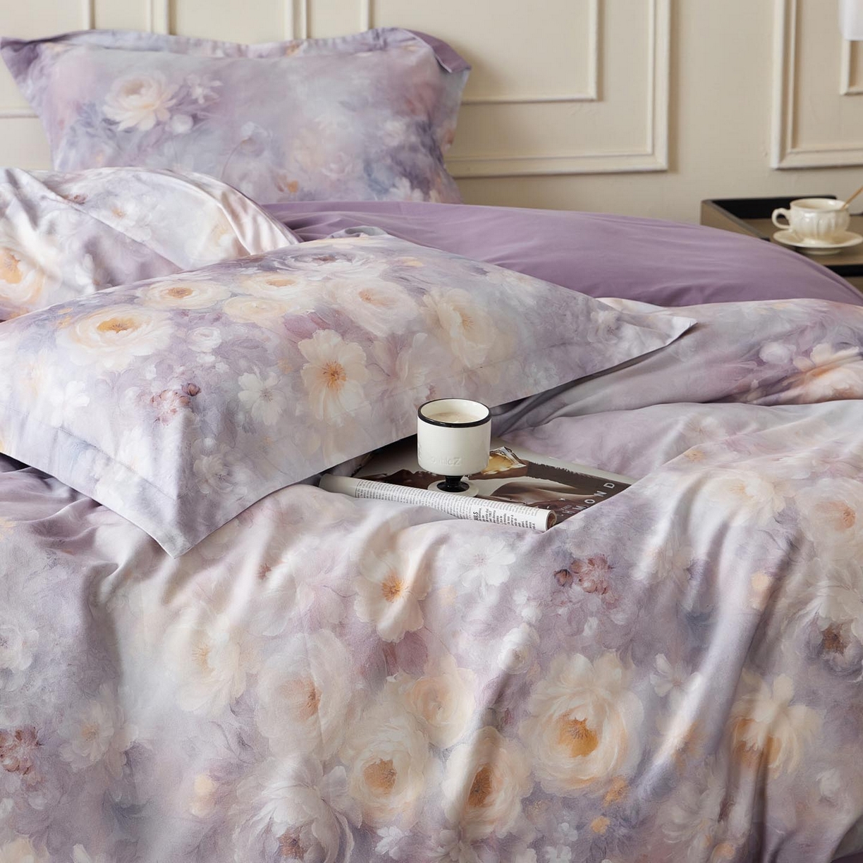 91家纺网 家纺一手货源 找家纺 涵宸家纺 2025新款50S磨毛基础款四件套【更多花型 联系商家电话：17798859966 微信同号，网站：www.hanchenjf.com】 蔷薇晨露（紫）