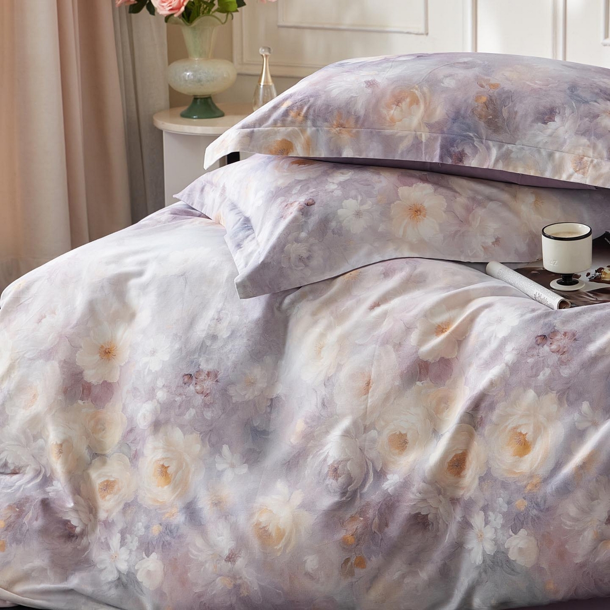 91家纺网 家纺一手货源 找家纺 涵宸家纺 2025新款50S磨毛基础款四件套【更多花型 联系商家电话：17798859966 微信同号，网站：www.hanchenjf.com】 蔷薇晨露（紫）