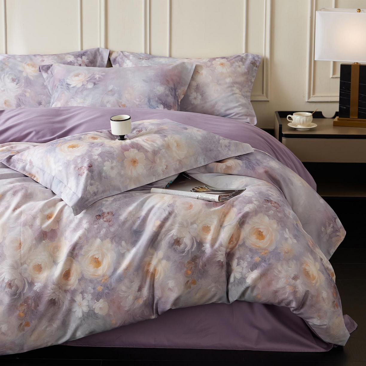 91家纺网 家纺一手货源 找家纺 涵宸家纺 2025新款50S磨毛基础款四件套【更多花型 联系商家电话：17798859966 微信同号，网站：www.hanchenjf.com】 蔷薇晨露（紫）