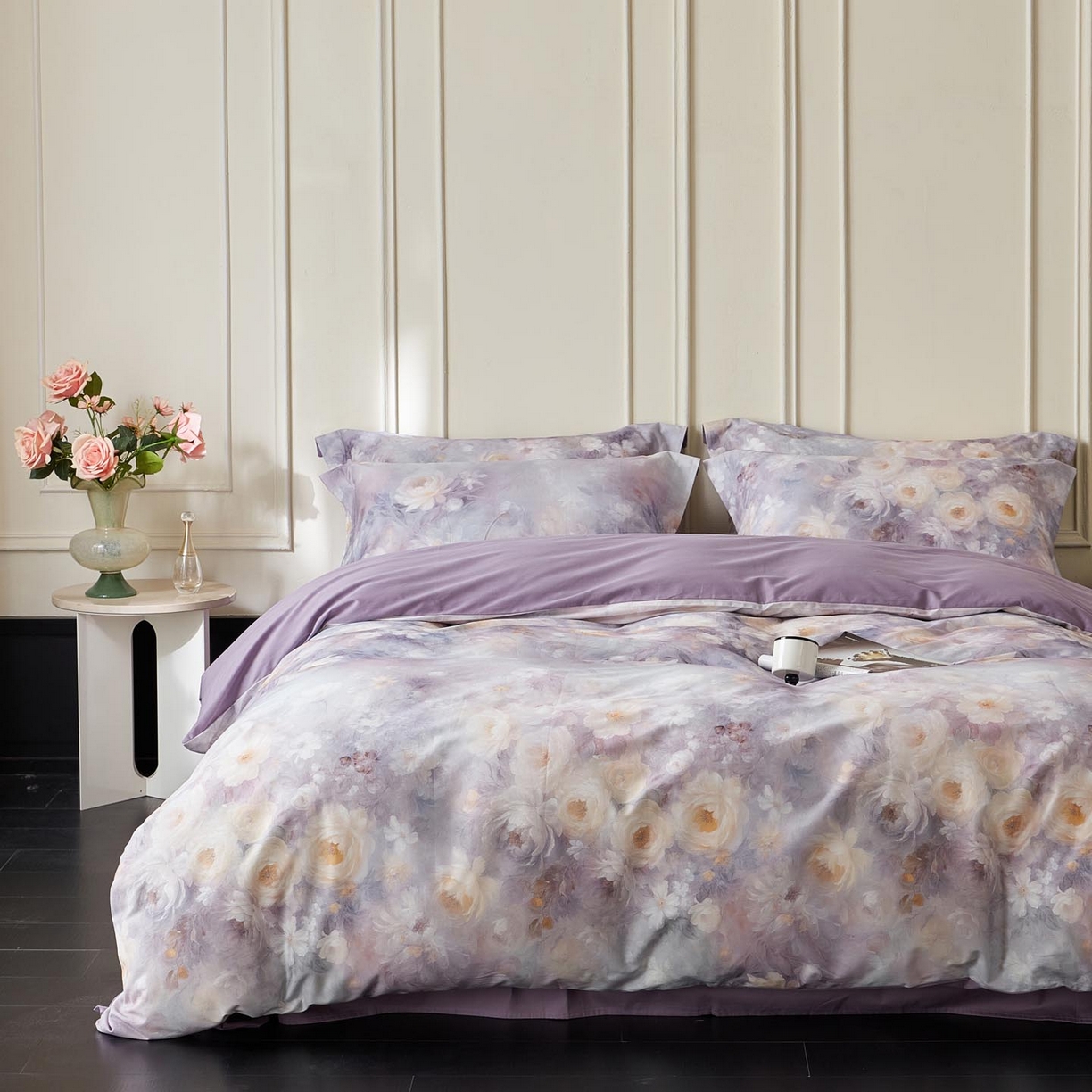 涵宸家纺 2025新款50S磨毛基础款四件套【更多花型 联系商家电话：17798859966 微信同号，网站：www.hanchenjf.com】 蔷薇晨露（紫）