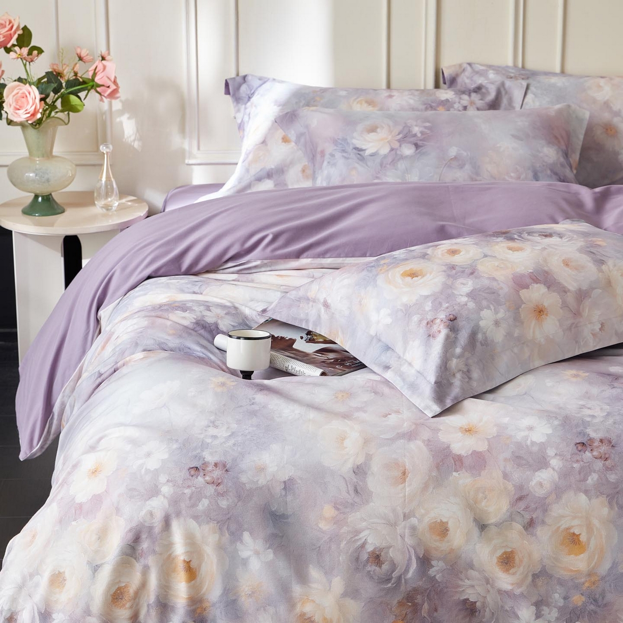 91家纺网 家纺一手货源 找家纺 涵宸家纺 2025新款50S磨毛基础款四件套【更多花型 联系商家电话：17798859966 微信同号，网站：www.hanchenjf.com】 蔷薇晨露（紫）