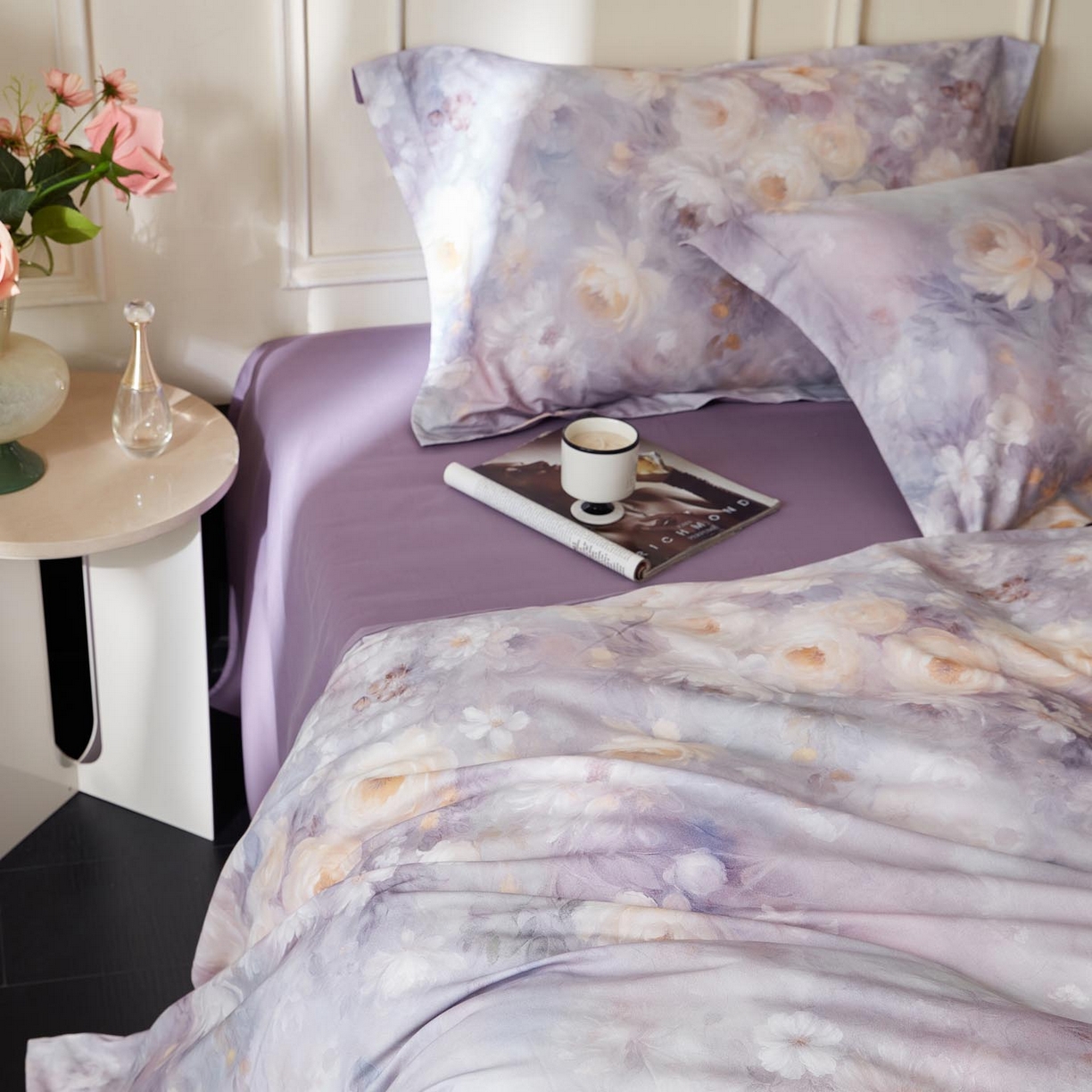 91家纺网 家纺一手货源 找家纺 涵宸家纺 2025新款50S磨毛基础款四件套【更多花型 联系商家电话：17798859966 微信同号，网站：www.hanchenjf.com】 蔷薇晨露（紫）